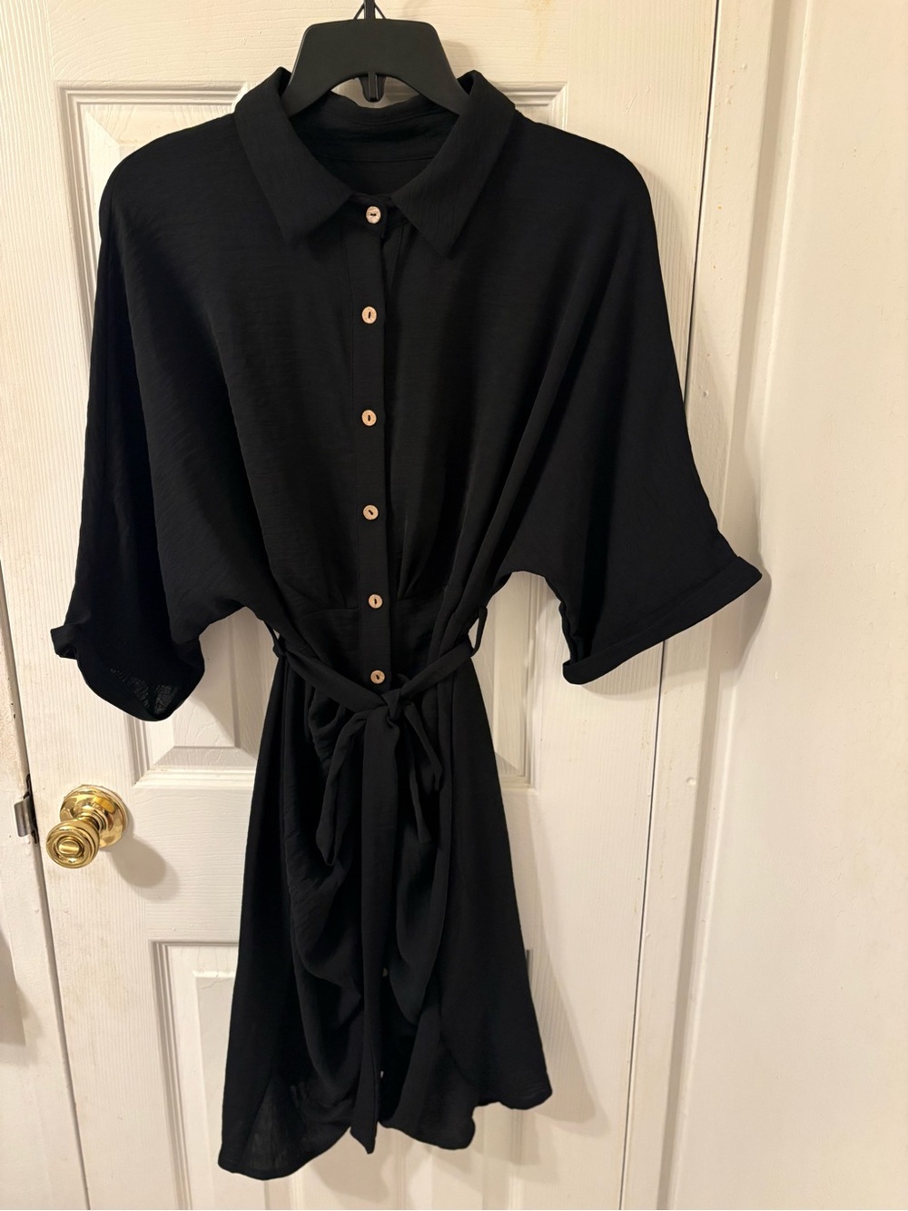 SHEIN Black Button-Front Tie-Waist Midi Shirt Dress
